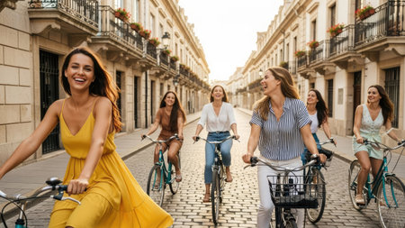 A group of women ride bicycles down a city street, illuminated by sunlight. They appear joyful, with smiles and expressions of happiness. The composition features a symmetrical perspective, with the bicycles forming a line. The overall scene suggests outdoor activity, potentially for commercial or lifestyle use.の素材