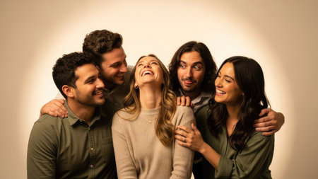 A group of five diverse individuals are captured in a studio setting, sharing genuine laughter. The composition features warm tones and soft lighting, highlighting their faces. The image can be used for various commercial purposes, including marketing materials and editorial content, symbolizing friendship and happiness.の素材