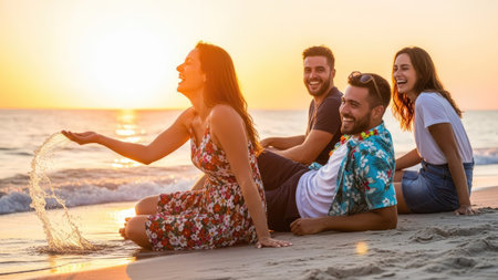 A group of friends enjoys a beachside sunset, laughing and interacting with water. The scene features warm colors and soft lighting, suggesting a relaxed, outdoor environment. This image could be used for various commercial projects related to leisure, travel, and lifestyle content.の素材