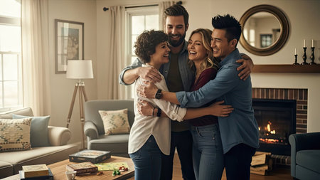 A diverse group of friends embrace in a well-lit living room, celebrating togetherness. The image showcases natural skin tones and a soft, warm color palette. The composition suggests an intimate gathering with a cozy fireplace. Suitable for commercial projects or editorial content about friendship.の素材