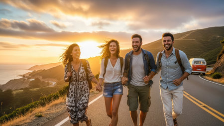 A group of friends enjoys a walk along a scenic road at sunset. The image displays natural light, warm colors, and a dynamic composition. The scene suggests travel, camaraderie, and a sense of freedom. Suitable for various commercial and editorial applications, this image evokes a feeling of happiness and adventure.の素材