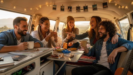 A group of diverse people are gathered inside a van, sharing food and drinks. The scene is illuminated by natural light, creating a warm, inviting atmosphere. The composition emphasizes the interaction and camaraderie. This image could be suitable for lifestyle, travel, and social media content.の素材
