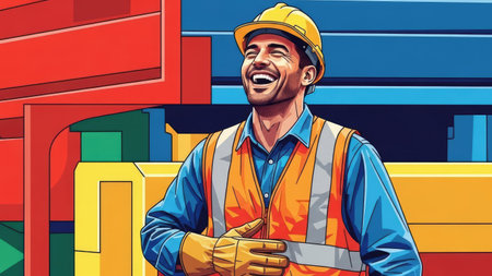 An illustration depicts a construction worker laughing heartily, wearing safety attire including a hard hat and vest. Vivid colors and bold lines define the style, suggesting a graphic or vector design. The composition features an indoor or industrial environment, possibly for commercial uses like advertising or informational content.の素材