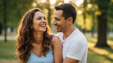 An attractive couple embraces and laughs, illuminated by warm sunlight. Their joyful expressions suggest a relaxed, loving relationship. The scene is set in a park environment with blurred green foliage in the background. Suitable for various commercial and editorial applications, illustrating love and happiness.の素材