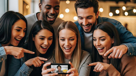 A diverse group of people are gathered, enthusiastically looking at a smartphone. The individuals, of varying ages and ethnicities, are smiling and pointing at the device. The composition includes warm lighting and suggests an indoor setting. This image is suitable for various commercial or editorial uses, conveying themes of connection and technology.の素材