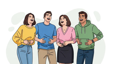 A group of people are laughing, the individuals are depicted with diverse clothing. The illustration uses bright colors and a flat style, creating a cheerful atmosphere. This image could be used for various commercial projects related to happiness, friendship, and positive emotions, ideal for web design or marketing.の素材