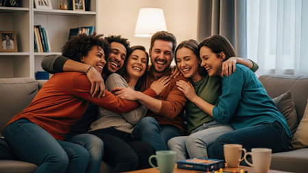 A group of friends shares a moment of joy, laughing while embracing on a sofa. The scene showcases a warm, inviting interior with natural lighting. This image could be suitable for lifestyle publications, articles about friendship, or general commercial use. The composition highlights the connection and happiness of the group.の素材