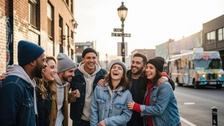 A diverse group of friends laugh and embrace each other on a sunny city street. They are surrounded by brick buildings and a food truck in the background. The scene is lit by natural daylight, emphasizing the cheerful mood. It can be used for projects related to friendship, community, or lifestyle.の素材