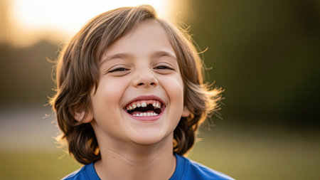 A young child is shown smiling broadly, displaying a missing tooth. The image features natural lighting and a soft focus background, suggesting an outdoor setting. The child's expression conveys joy. This image could be used for various commercial or editorial purposes.の素材