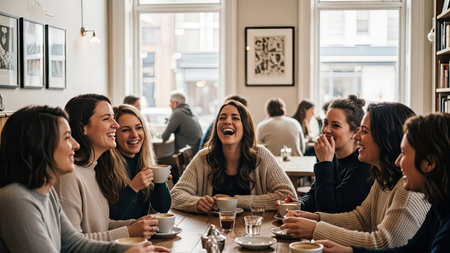 A group of women are gathered around a table, sharing laughter and conversation. The image showcases a warm indoor setting with natural lighting. The scene highlights a moment of connection with individuals, ideal for commercial projects, and editorial content.の素材