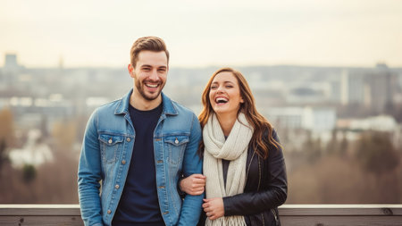 A smiling man and woman walk together outdoors, likely on a rooftop, with a blurred cityscape behind them. The couple is embraced in warm daylight. Their clothing suggests a casual outdoor setting. The image could be used for various commercial purposes, including lifestyle and relationship themes.の素材