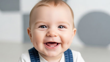 A close-up studio portrait presents a joyful baby with a wide smile, displaying visible teeth. The child wears a blue outfit against a blurred background. Warm lighting emphasizes the baby's happy face. The image is suitable for various commercial uses, including advertisements.の素材