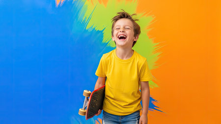 A young boy is laughing heartily while holding a skateboard. The image features bright colors, including yellow and blue, creating a dynamic backdrop. The boy is well-lit, suggesting a studio setting. This image could be used for various commercial projects related to childhood, joy, or recreation.の素材