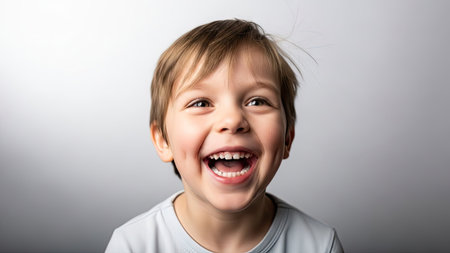 A young child is shown laughing heartily, mouth open, against a softly blurred, light background. The image showcases a close-up of a child's face, with a focus on the expression of joy and happiness. The lighting is soft, creating a positive atmosphere for commercial and editorial use.の素材