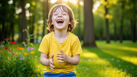 A young child laughs wholeheartedly, captured in a sun-drenched outdoor setting. The image features a bright yellow shirt and the natural greens of grass and trees. The scene is illuminated by soft sunlight and creates a feeling of joy. Suitable for various editorial and commercial applications.の素材
