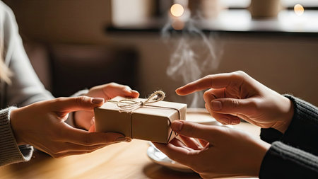 Two people are shown in an indoor setting, with hands delicately exchanging a small gift wrapped in brown paper and tied with twine. The lighting appears warm and diffused. It could be used for illustrations about giving, sharing, celebrations, or holiday concepts, and many editorial applications.の素材