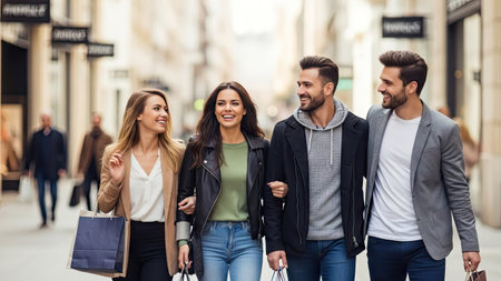 A group of friends strolls down a pedestrian street, smiling and carrying shopping bags. The image features a bright atmosphere with natural light illuminating the group. This could be used for various commercial projects related to lifestyle, retail, and social interactions.の素材