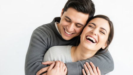 A smiling couple is embracing and laughing against a white backdrop. The image features soft lighting highlighting the subjects' joyful expressions. Suitable for various uses, this image may be appropriate for depicting relationships and happiness. The composition is simple, emphasizing the emotional connection. The photo could be used for lifestyle or relationship concepts.の素材