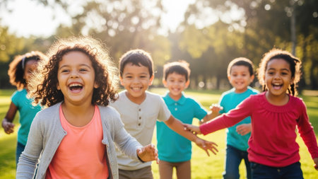 A group of diverse children are captured mid-action, laughing and playing outside under a bright sky. The image displays a soft, natural lighting, highlighting the children's joyful expressions. Ideal for illustrating themes of childhood, friendship, and happiness, suitable for a range of commercial and editorial projects.の素材