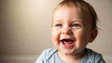 A close-up portrait shows a smiling baby with a light blue onesie. The baby's skin is fair, and its eyes are bright and open. The background is a soft, blurred neutral color. The image is likely suitable for various commercial or editorial uses related to childhood.の素材