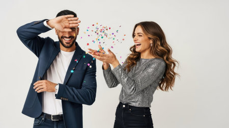 A smiling couple is depicted celebrating, possibly a special occasion. Colored confetti floats in the air, adding visual interest. The subjects are dressed in smart casual attire. The image is brightly lit against a neutral backdrop. Suitable for various commercial applications, including marketing and advertising materials.の素材