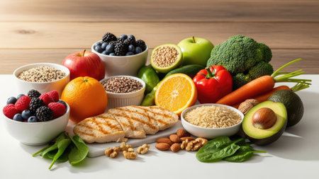 A vibrant assortment of nutritious foods includes various fruits, vegetables, grains, nuts, and protein sources. The composition showcases a variety of colors and textures against a neutral background with natural light. Suitable for commercial applications such as health, wellness, or dietary content.の素材