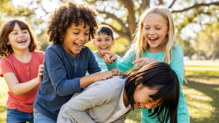 A group of diverse children are engaged in playful activity outdoors, displaying expressions of joy and laughter. The image showcases a natural daylight setting with a blurred background suggesting a park or recreational space. This photograph is potentially suitable for various commercial uses, including advertising and educational materials.の素材