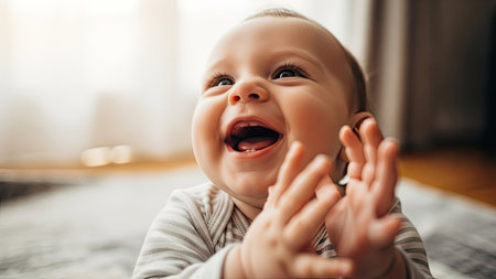 A baby is the central subject, with a wide smile and hands raised. The image showcases warm tones, with the baby's skin and clothing contrasting the blurred background. The composition highlights an expression of joy, with soft, natural lighting suggesting an indoor setting. Suitable for various editorial and commercial applications.の素材