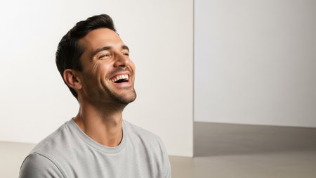 A man is shown laughing with his head tilted upwards. The composition has an overhead shot. The lighting is bright and even. This image could be used for articles, advertising campaigns, or other visual projects needing to convey joy or happiness.の素材