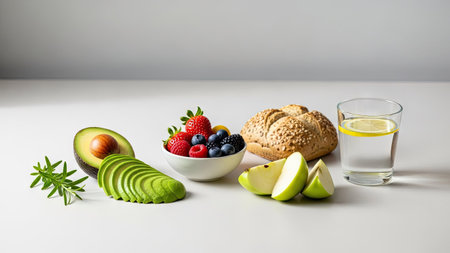 An assortment of fresh food items are displayed on a light surface. Sliced avocado, a bowl of mixed berries, a loaf of bread, and a glass of water with lemon are visible. The arrangement, with its natural lighting and neutral background, is suitable for editorial use and can be applied in various commercial contexts.の素材