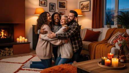 A diverse group of people embrace in a close hug inside a warmly lit living room. The scene features a fireplace, soft lighting from lamps and candles, and a comfortable interior. It could be used for illustrating themes like togetherness, family, or holiday gatherings, suitable for various editorial or commercial projects.の素材