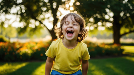 A young child is shown laughing with pure joy, captured in a moment of genuine happiness. The image displays a soft, natural aesthetic, with a blurred background of green foliage and warm sunlight. This visual could be utilized for various commercial purposes, conveying themes of childhood, happiness, and well-being.の素材