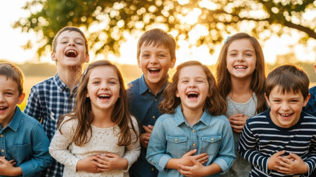 A group of diverse children are captured mid-laugh, radiating happiness. The image showcases natural skin tones and a soft, warm light. The composition features an eye-level perspective with an out-of-focus background. Suitable for family, childhood, and positive lifestyle concepts.の素材