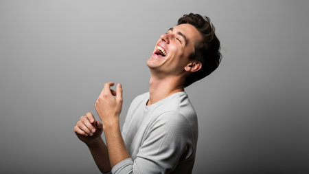 A young man is captured mid-laughter, eyes closed, against a neutral grey backdrop. He wears a casual light-colored top, displaying a sense of pure delight. The lighting is soft, highlighting the texture and contours of the subject. This image could be used for various commercial or editorial needs.の素材