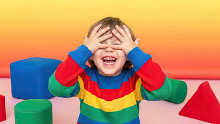 A young child is shown indoors, laughing with their hands covering their eyes. The scene features vibrant colors, including a rainbow-striped sweater and various geometric shapes. The composition is bright and cheerful, possibly suitable for advertising or editorial content. The image could be used for themes related to childhood, fun, or play.の素材