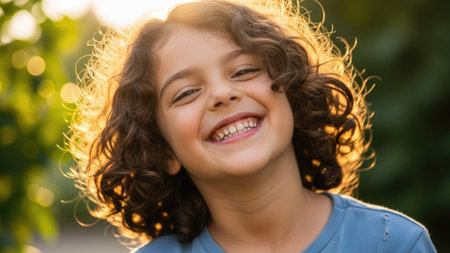 A young person with curly brown hair smiles broadly, illuminated by warm sunlight. The image features a shallow depth of field, with soft focus in the background. Colors are vibrant with natural light emphasizing the subject. Suitable for a variety of commercial and editorial applications, this image conveys happiness.の素材