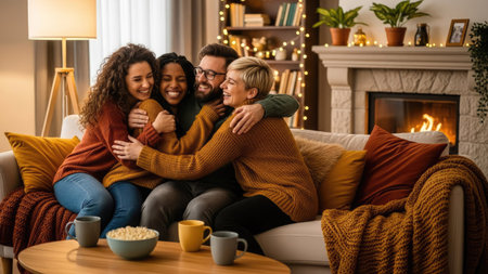 A diverse group shares a warm embrace on a comfortable sofa, their faces filled with smiles. The scene features a fireplace, soft lighting, and warm colors suggesting a relaxing atmosphere. This image could be used in advertising, editorial content, or promotional materials that focus on relationships and togetherness.の素材