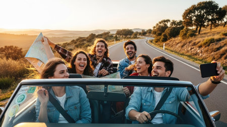 A group of friends enjoys a road trip in an open-top car. The image showcases people in a happy mood. Sunlight bathes the scene, highlighting the winding road and natural surroundings. The composition may be suitable for advertising travel or lifestyle themes.の素材