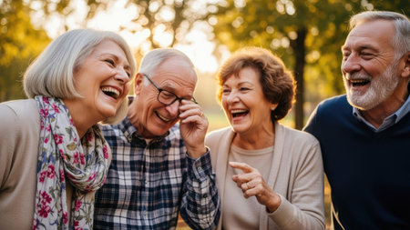 A group of older adults share laughter in a park setting. They appear happy and relaxed, enjoying each other's company. The scene is bathed in warm sunlight, with a soft-focus background suggesting a natural environment. Suitable for editorial or commercial applications relating to senior lifestyle.の素材