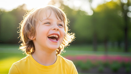 A young child is shown laughing with an open mouth and bright eyes in an outdoor setting. The image features soft focus elements with the warm sunlight filtering through the trees. The child is wearing a yellow shirt. This image can be used for promotional and editorial purposes to represent happiness and childhood.の素材
