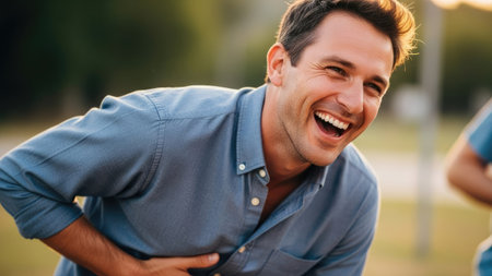 A man laughs heartily outdoors, illuminated by soft sunlight. He wears a button-down shirt. The image displays natural skin tones and a shallow depth of field, hinting at a casual, perhaps social setting. Suitable for various applications, including advertising, editorial content, or general use.の素材