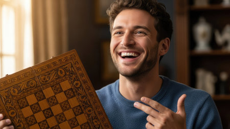 A man joyfully presents a detailed chessboard, possibly showcasing it. The image exhibits warm lighting and soft focus, with a slight depth of field. The style is likely staged, potentially suitable for advertising, illustrating hobbies or representing leisure activities. The image focuses on a moment of pleasure.の素材