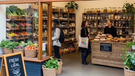 An interior shot captures a local shop selling various fruits, vegetables, and other products. Natural light illuminates the scene, showcasing fresh produce displayed in baskets. Customers browse and interact with staff, while shelving is full of packaged goods. This image is suitable for commercial applications.の素材