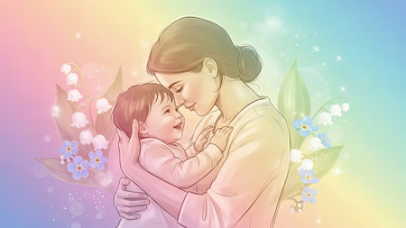An illustration depicts a mother holding a child, faces close. The artwork features soft, pastel colors and a gentle style. Flowers adorn the background, contributing to a sense of warmth. This image could be used for various commercial or editorial applications such as articles about family.の素材