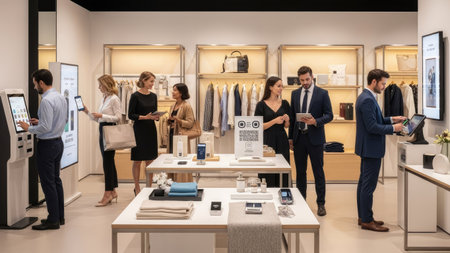 Inside a contemporary retail space, individuals interact near technology displays and merchandise. The scene features neutral colors, bright lighting, and an organized layout. Clothing and accessories are visible in the background, suggesting potential commercial applications for advertising or editorial content.の素材