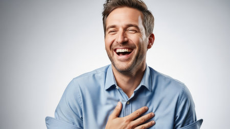 A man laughs heartily, his hand placed on his chest, against a simple, pale background. He is wearing a button-down shirt. The composition utilizes soft lighting to illuminate the subject's expression, emphasizing a feeling of happiness. This image is suitable for a variety of editorial or commercial purposes.の素材