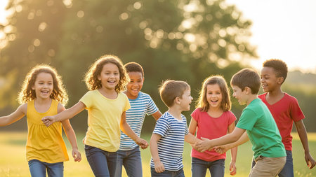 A group of diverse children are engaged in playful activity outdoors, bathed in warm sunlight. The image showcases bright colors and natural textures. The composition focuses on interaction and happiness. Suitable for illustrating themes of childhood, recreation, or editorial content.の素材