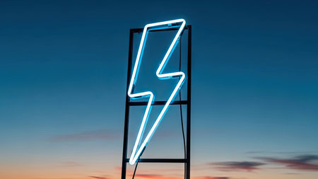 A bright blue neon lightning bolt is displayed against a dusk sky. The graphic is mounted on a simple black metal frame. The composition highlights contrasting colors and textures, possibly used for various design projects and visual communication materials. Suitable for digital and print applications.の素材