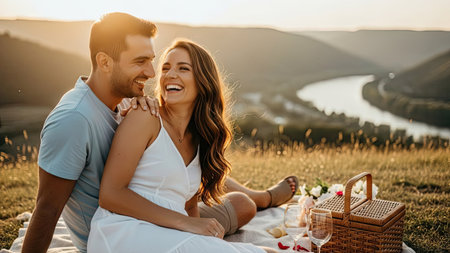 A couple is seated outdoors, enjoying a picnic with a river and hills in the background. The scene is bathed in warm sunlight, creating a golden glow. The composition features a shallow depth of field, with the couple in focus. This image could be used for various commercial or editorial purposes.の素材
