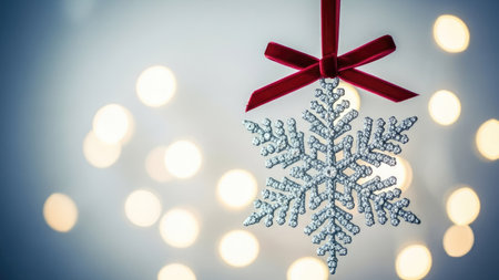 A sparkling snowflake ornament hangs from a red ribbon against a soft, blurred background. The snowflake showcases intricate details. The warm bokeh lights add a touch of festive cheer. This image is suitable for various commercial purposes, including holiday-themed advertising and design projects.の素材